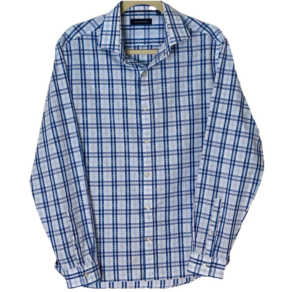 7‎ Diamonds Men's Medium Long Sleeve Button-Up Shirt Blue Plaid